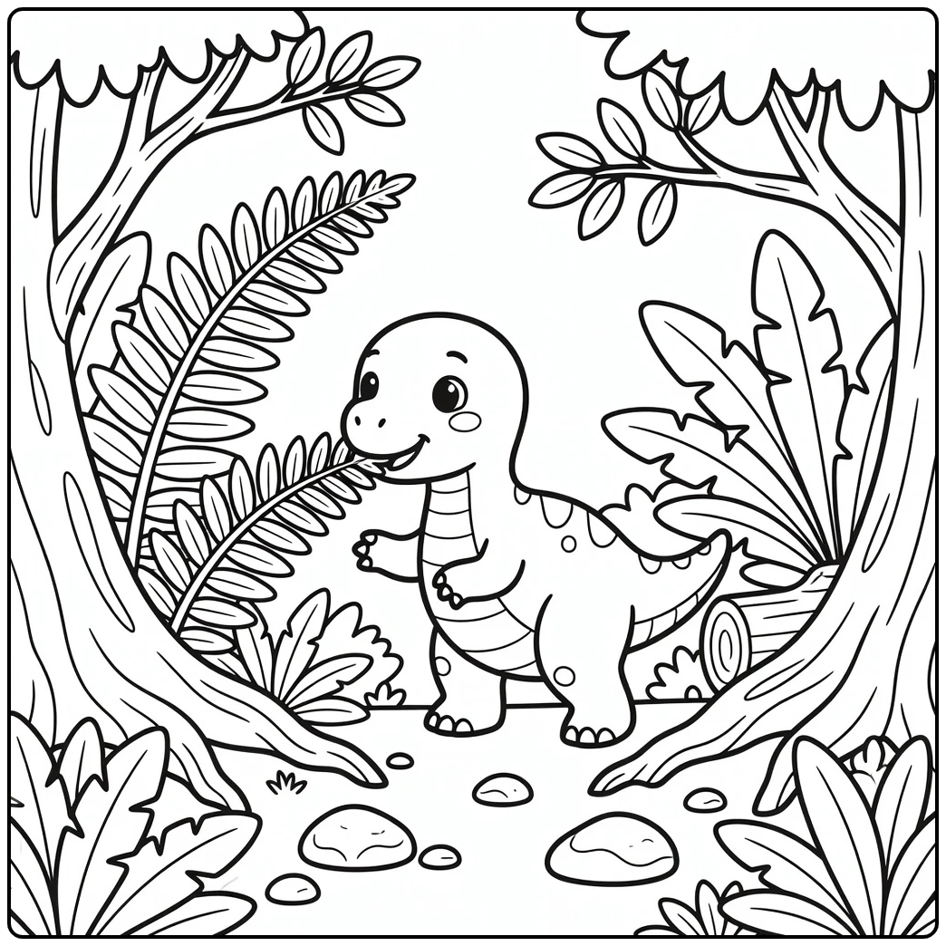 cartoon baby dinosaur coloring page of Kentrosaurus in forest