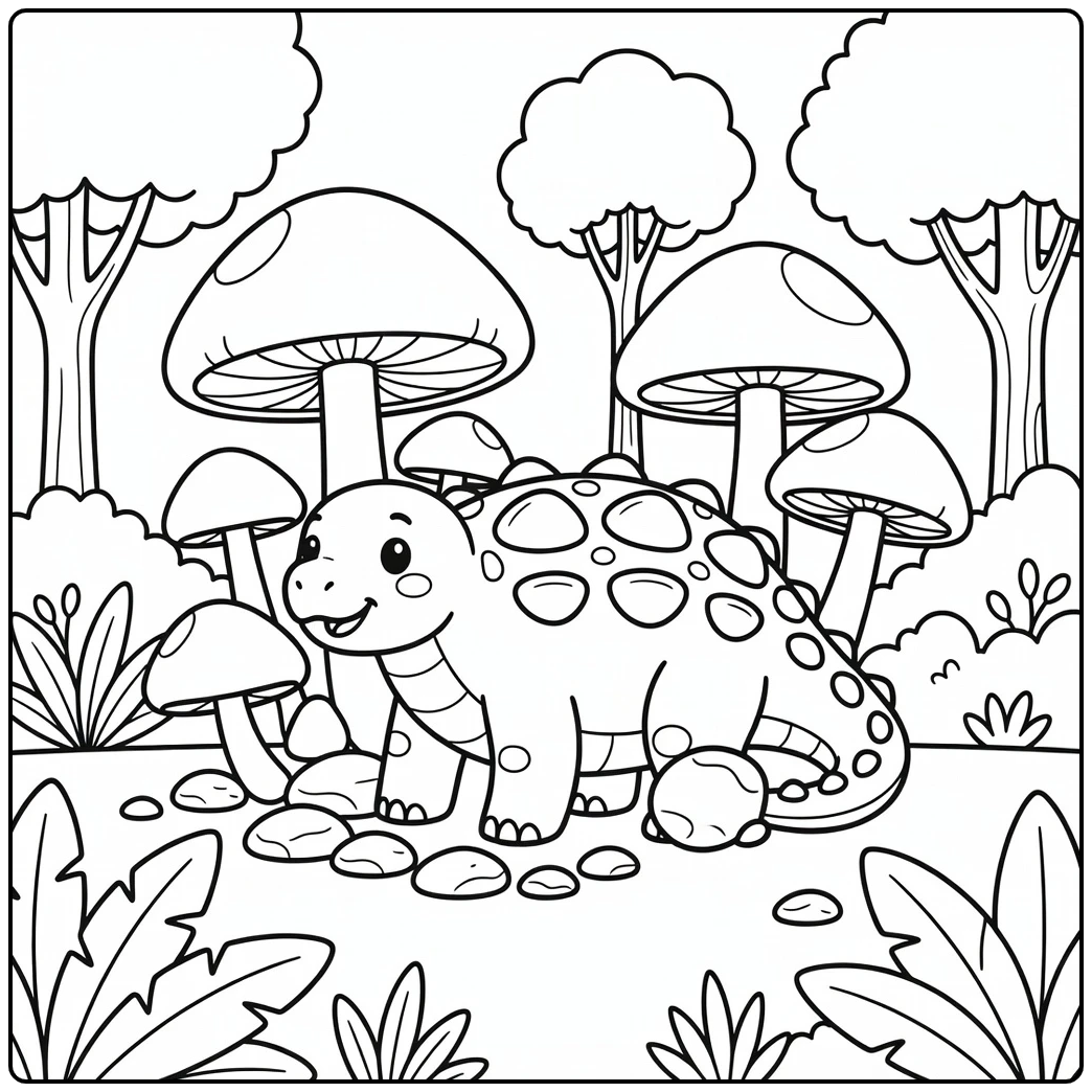 Ankylosaurus cartoon dinosaur coloring page with mushrooms