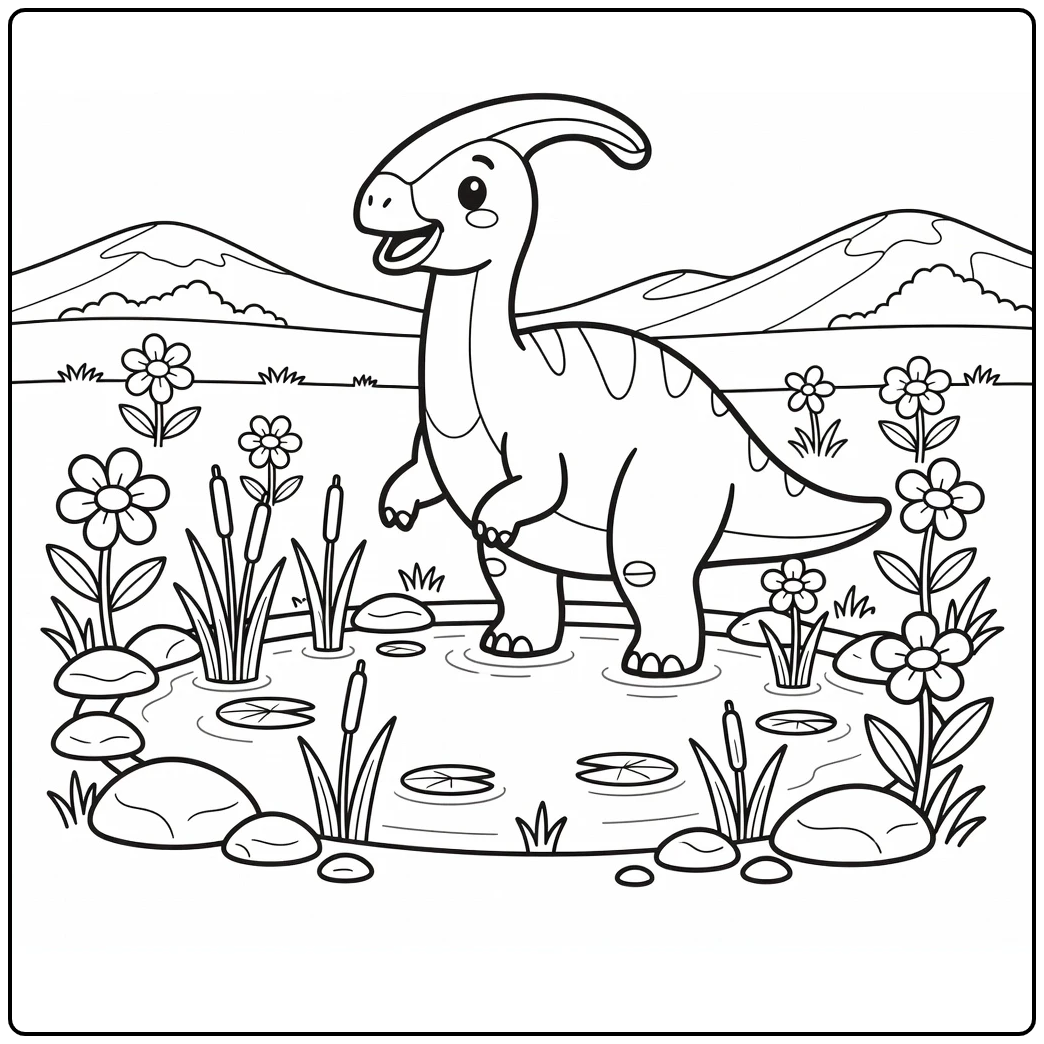 cartoon dinosaur coloring page Parasaurolophus near pond