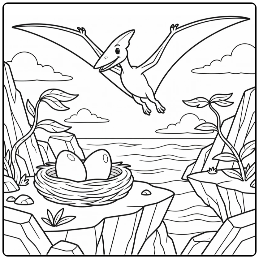 Pteranodon over nest in cartoon dinosaur coloring page