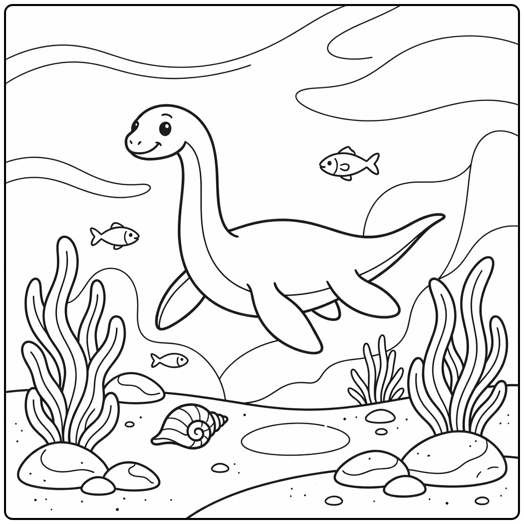 Cartoon dinosaur coloring page of graceful Plesiosaurus near shell