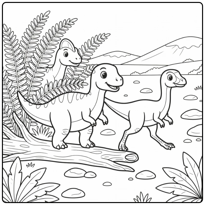 cartoon dinosaurs coloring page with Iguanodon herd crossing