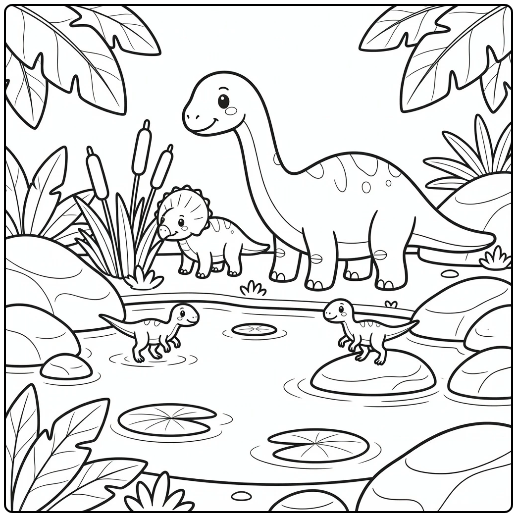 Cartoon dinosaurs coloring page with apatosaurus at pond