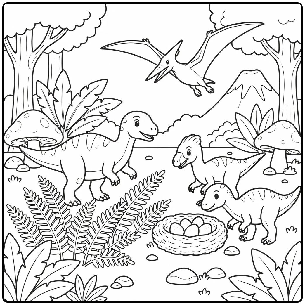 Playful cartoon dinosaurs coloring page with Oviraptor nest