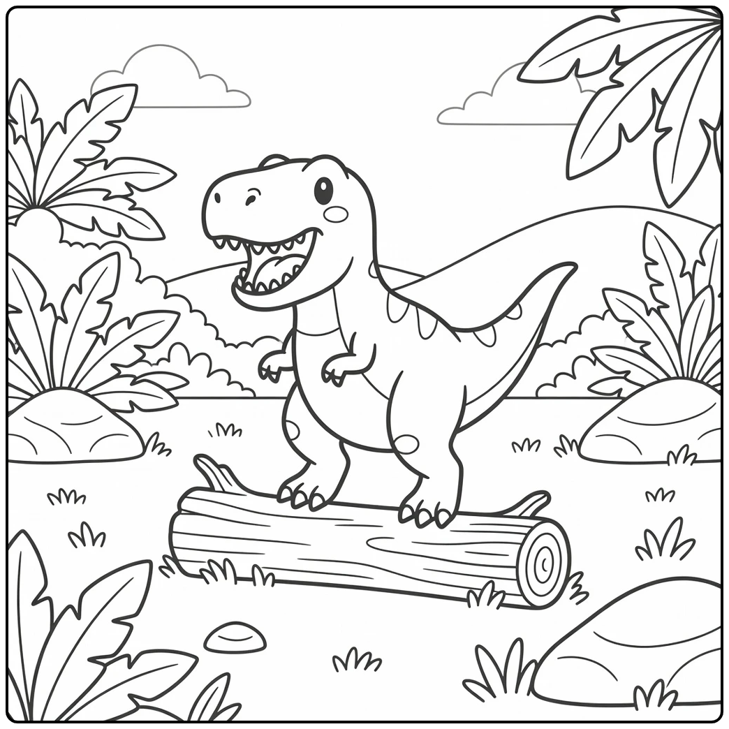 Cartoon t rex coloring page of T Rex jumping over log