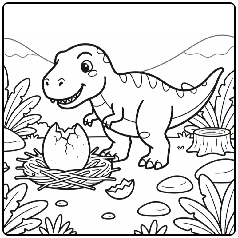 Cartoon t rex coloring page with T Rex sniffing cracked egg