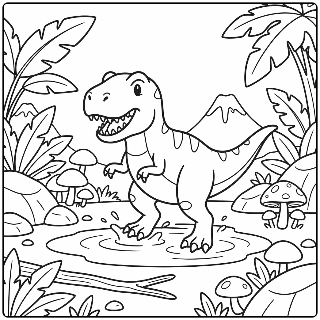 Cartoon t rex coloring page splashing in prehistoric puddle