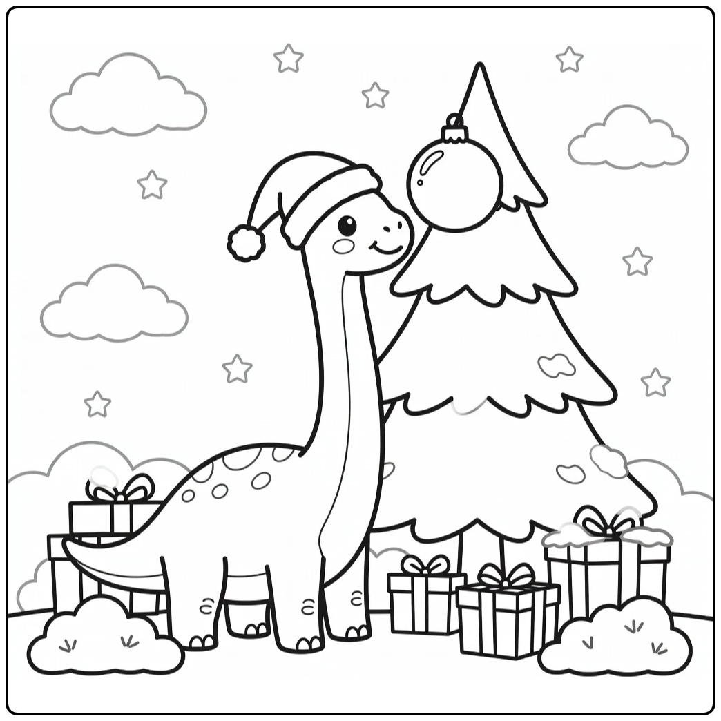 christmas dinosaur coloring page Brachiosaurus decorates tree