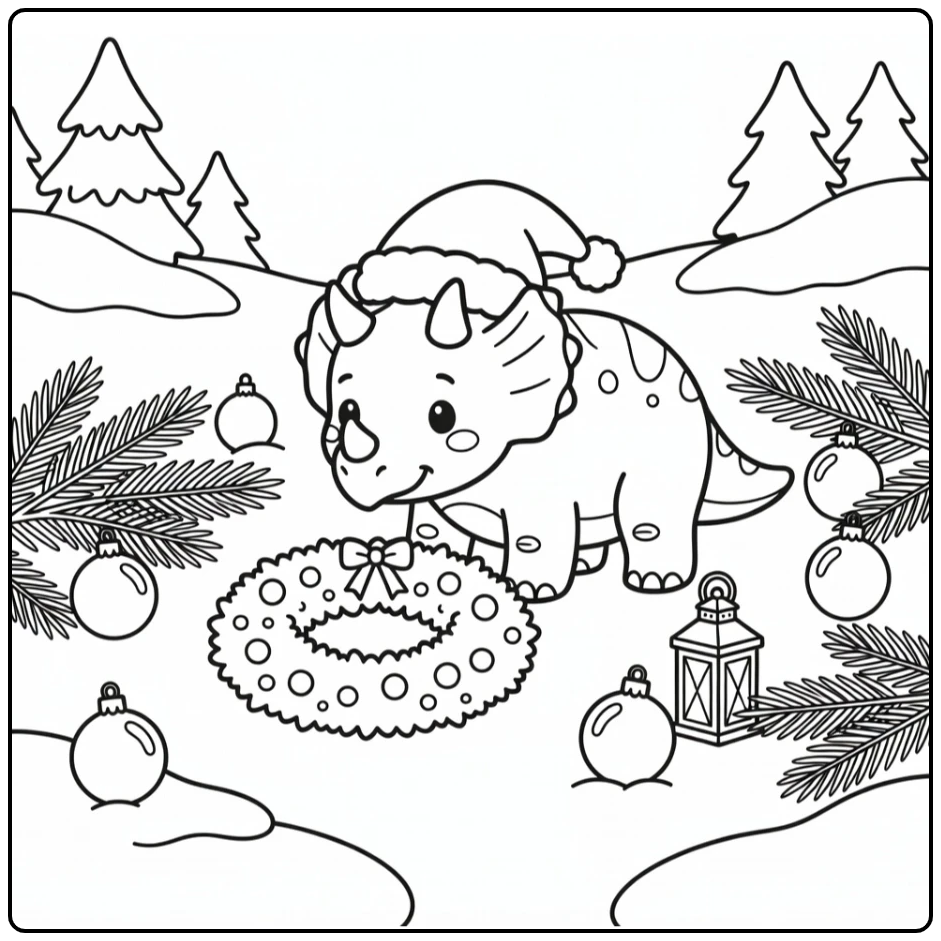 christmas dinosaur coloring page triceratops santa hat wreath