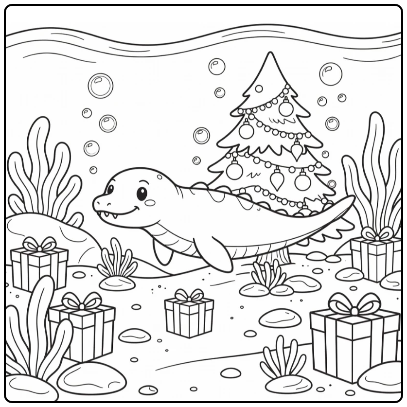 christmas dinosaur coloring page with Mosasaurus underwater