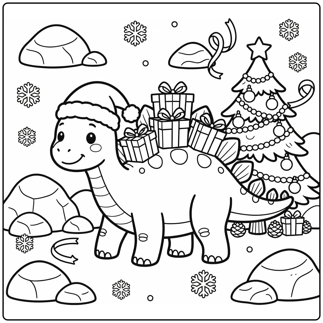 Christmas dinosaur coloring page with Stegosaurus in Santa hat
