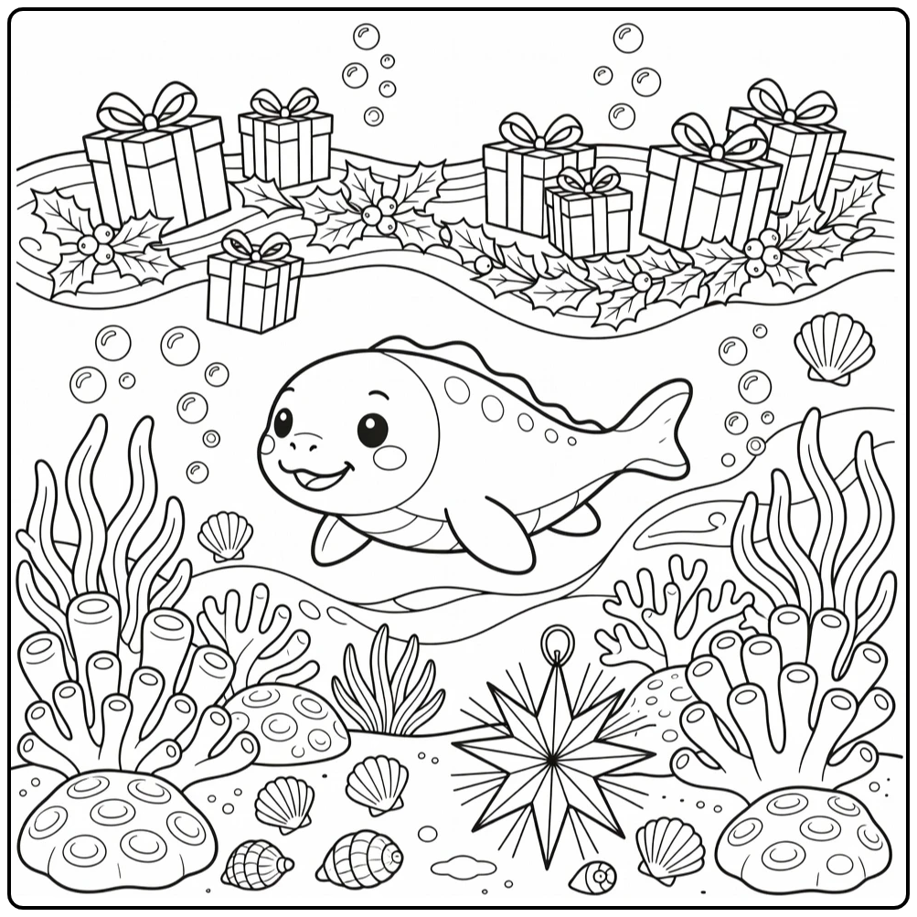 christmas dinosaur coloring page with Ichthyosaurus and gifts