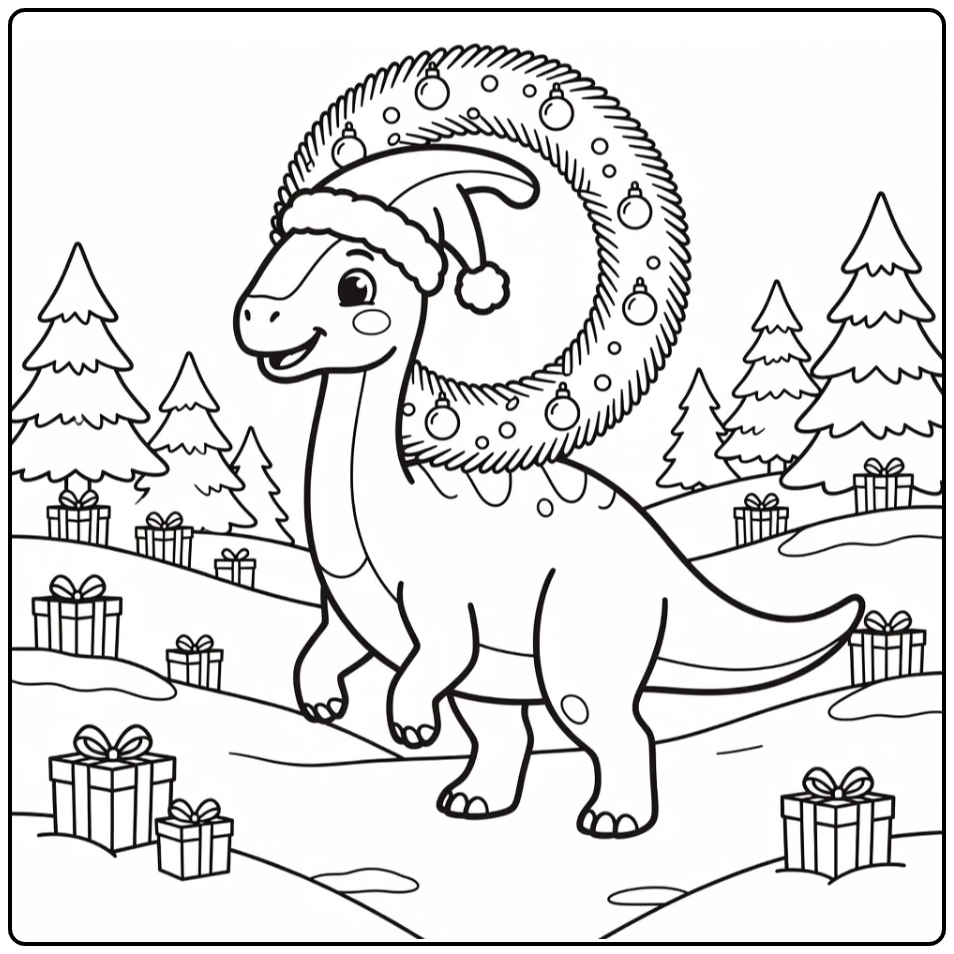Christmas dinosaur coloring page with wreath carrying Parasaurolophus