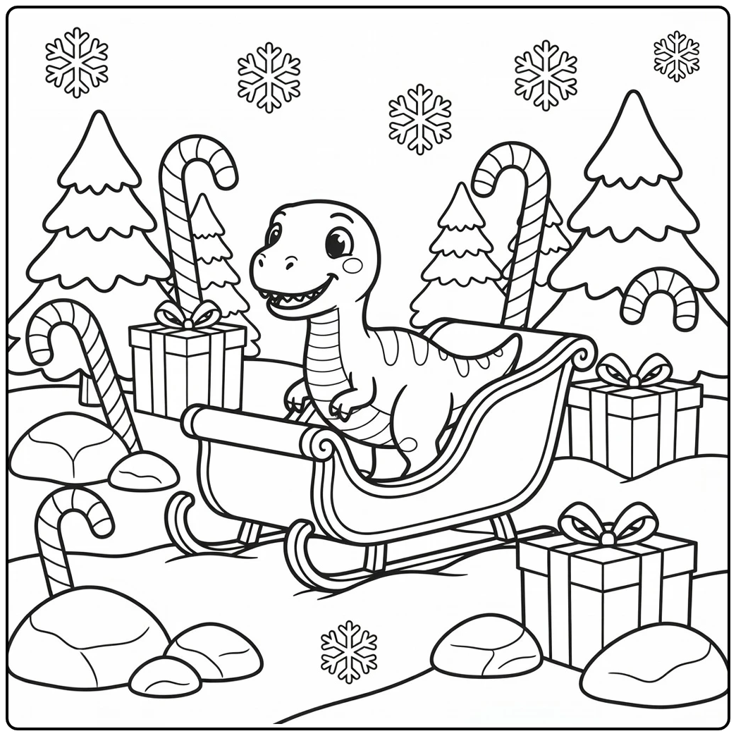Christmas dinosaur coloring page with Allosaurus and snowy sleigh