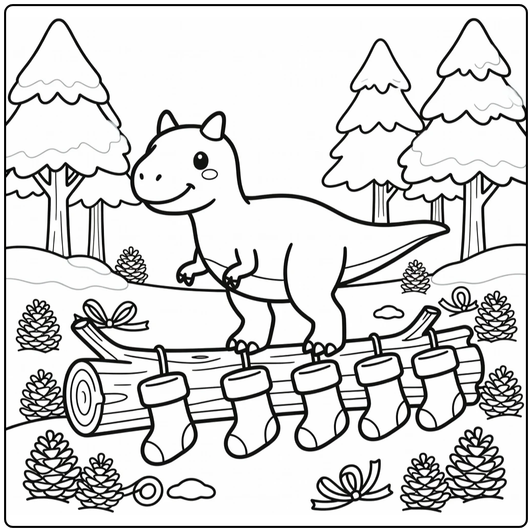 Christmas dinosaur coloring page Carnotaurus with stockings