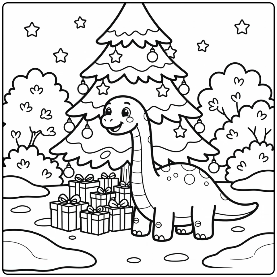 Christmas dinosaur coloring page with Diplodocus and gifts