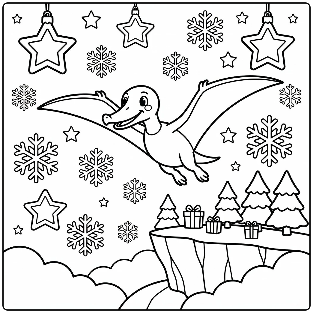 Christmas dinosaur coloring page with flying Rhamphorhynchus