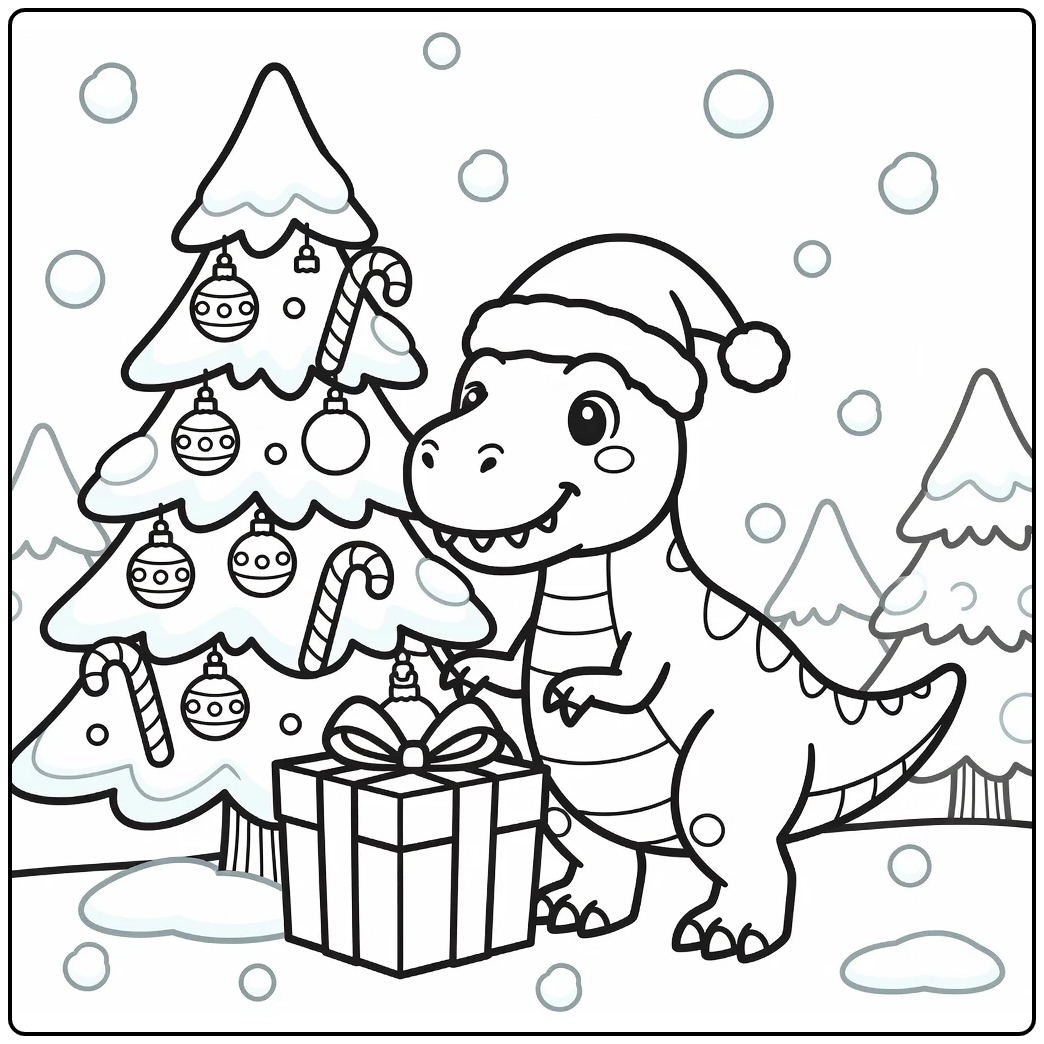 Christmas dinosaur coloring page with T-rex in Santa hat and gift