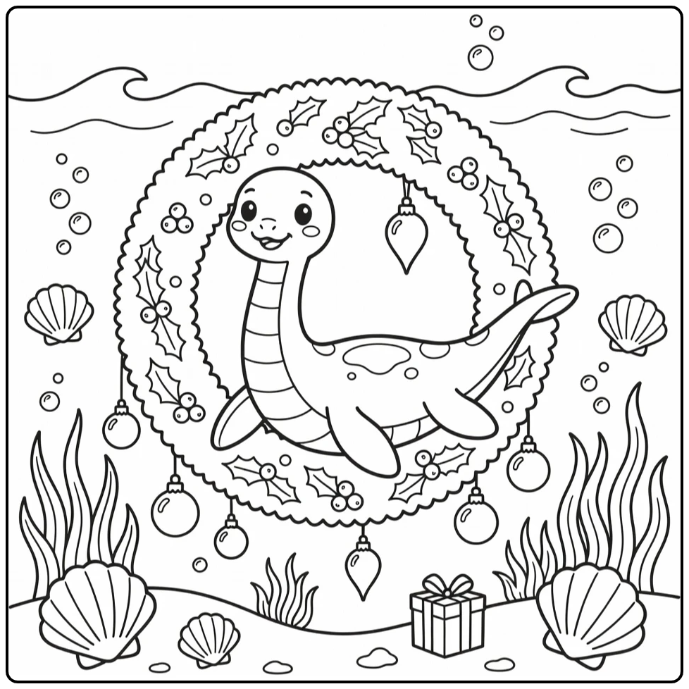 christmas dinosaur coloring page with plesiosaurus and wreath