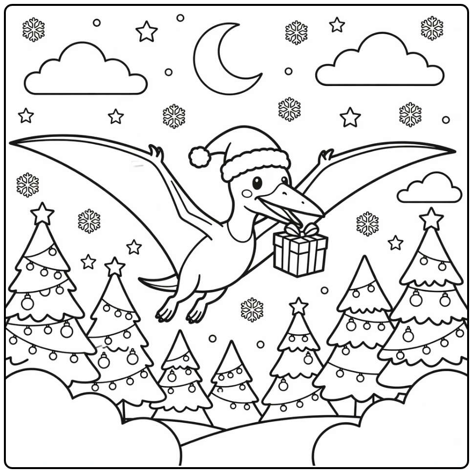 Christmas dinosaur coloring page with Pteranodon in Santa hat