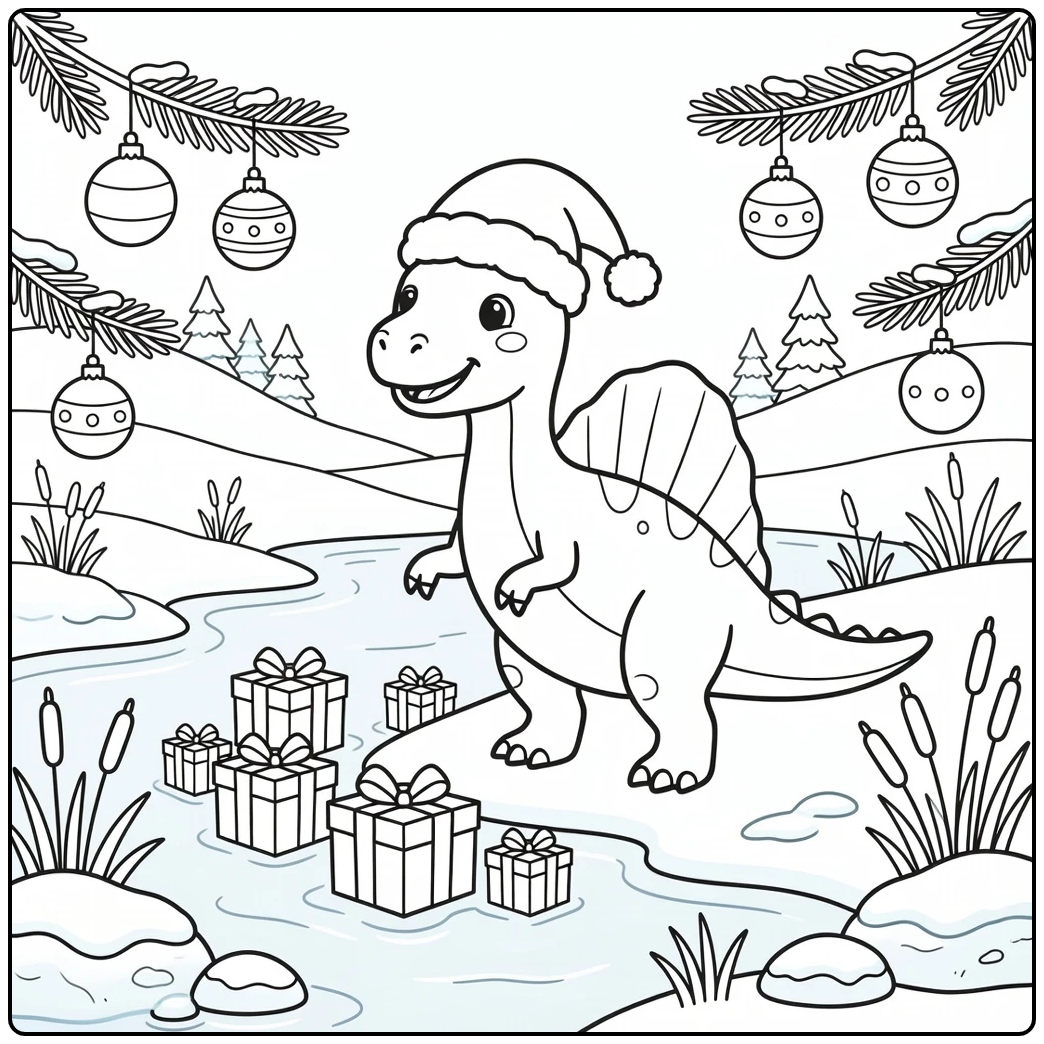 christmas dinosaur coloring page Spinosaurus in Santa hat