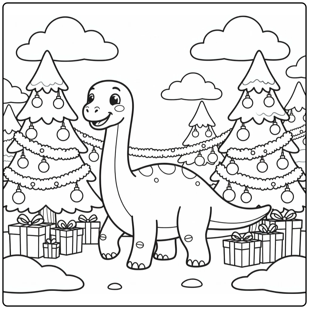 christmas dinosaur coloring page Apatosaurus between trees