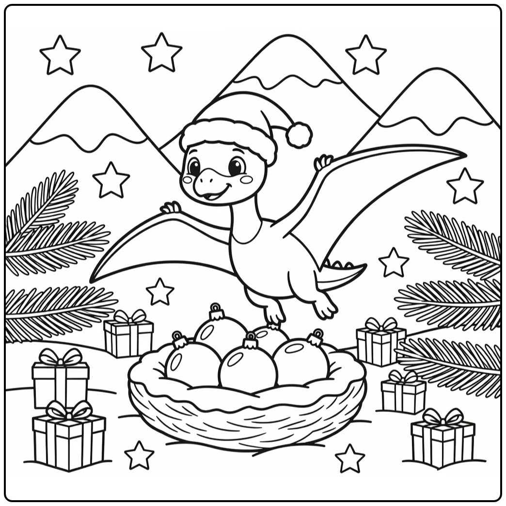 christmas dinosaur coloring page Quetzalcoatlus in Santa hat