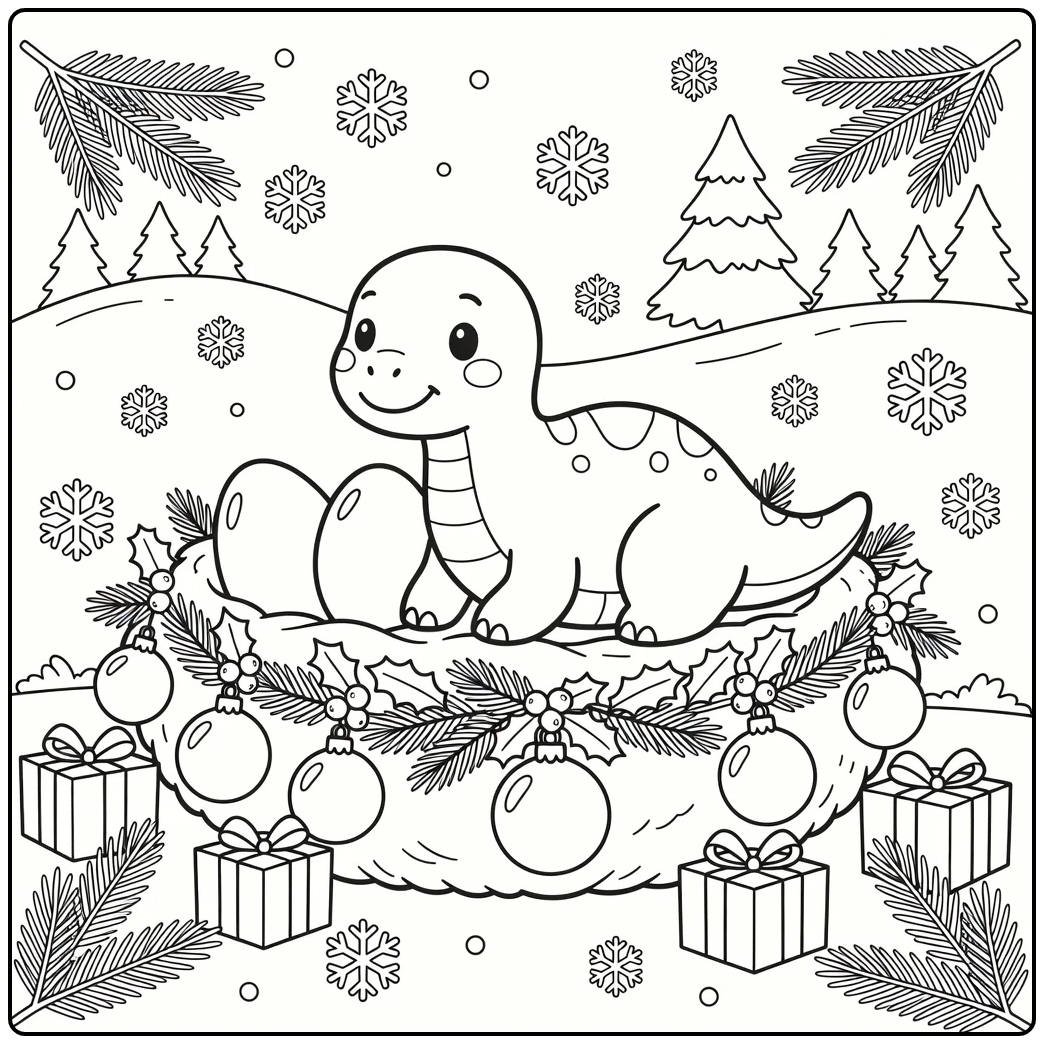 Christmas dinosaur coloring page: Maiasaura with festive nest
