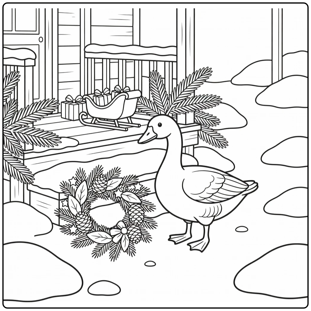 christmas goose coloring page with wreath and porch