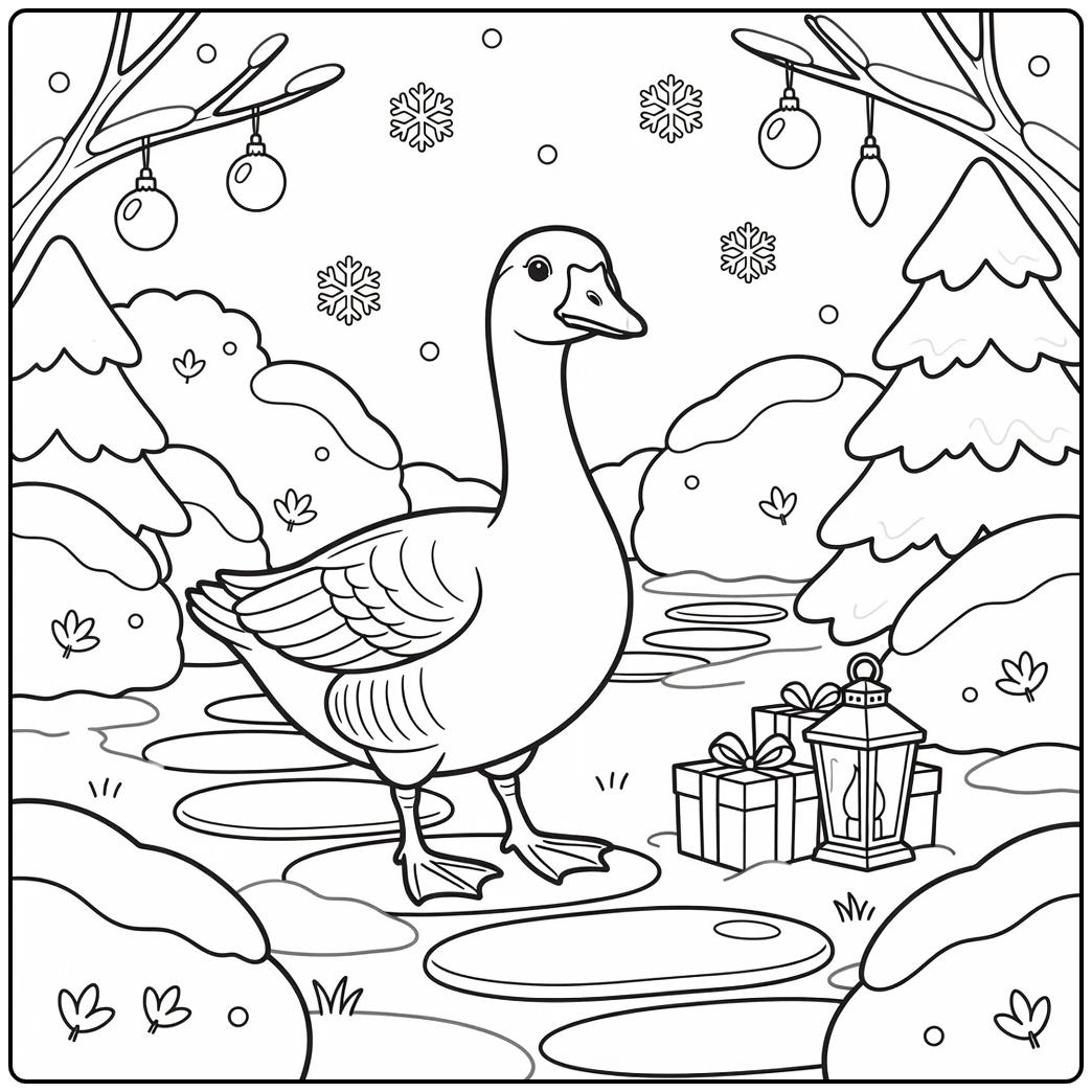 christmas goose coloring page in snowy garden with gifts