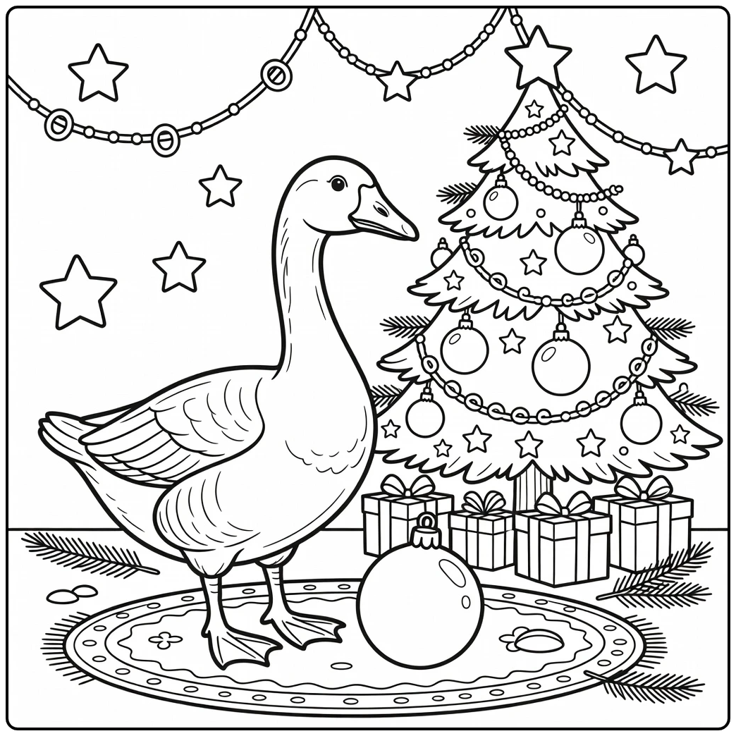 christmas goose coloring page of goose by festive tree