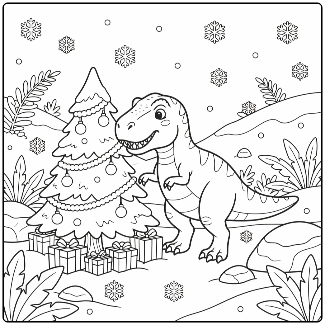 christmas t rex coloring page with T-rex sniffing tree
