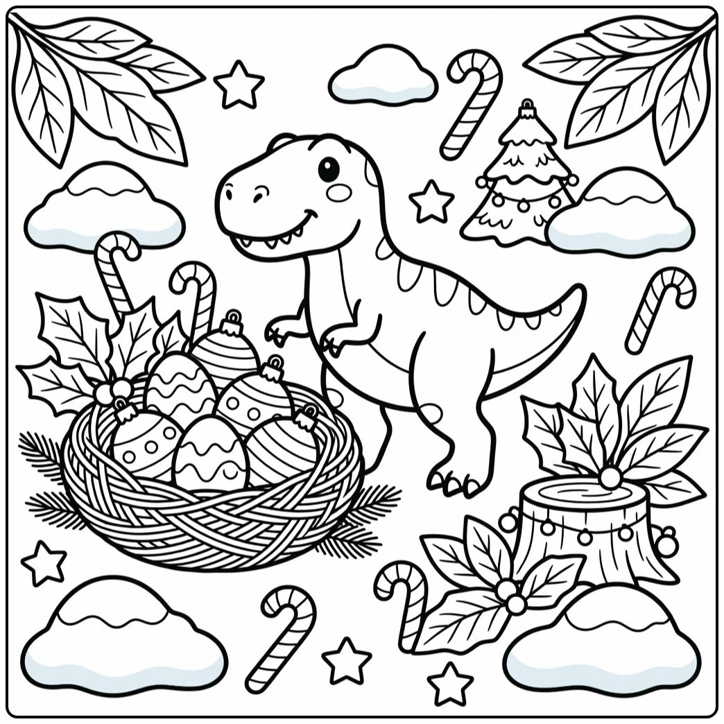 christmas t rex coloring page with wreath nest and egg