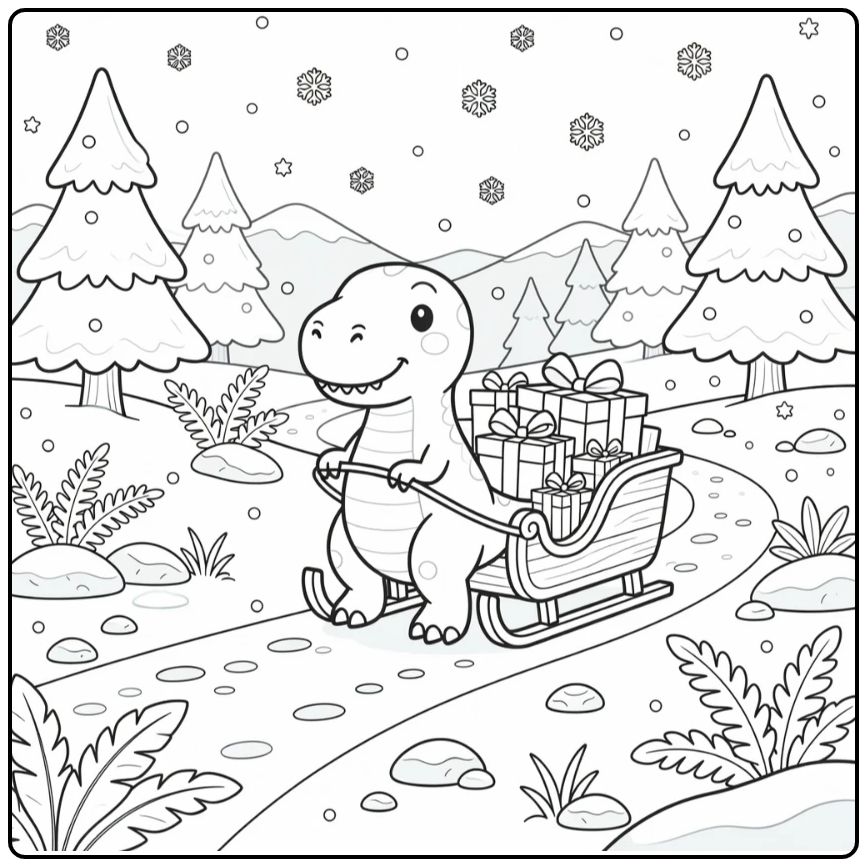 christmas t rex coloring page with T-rex pushing sleigh of gifts