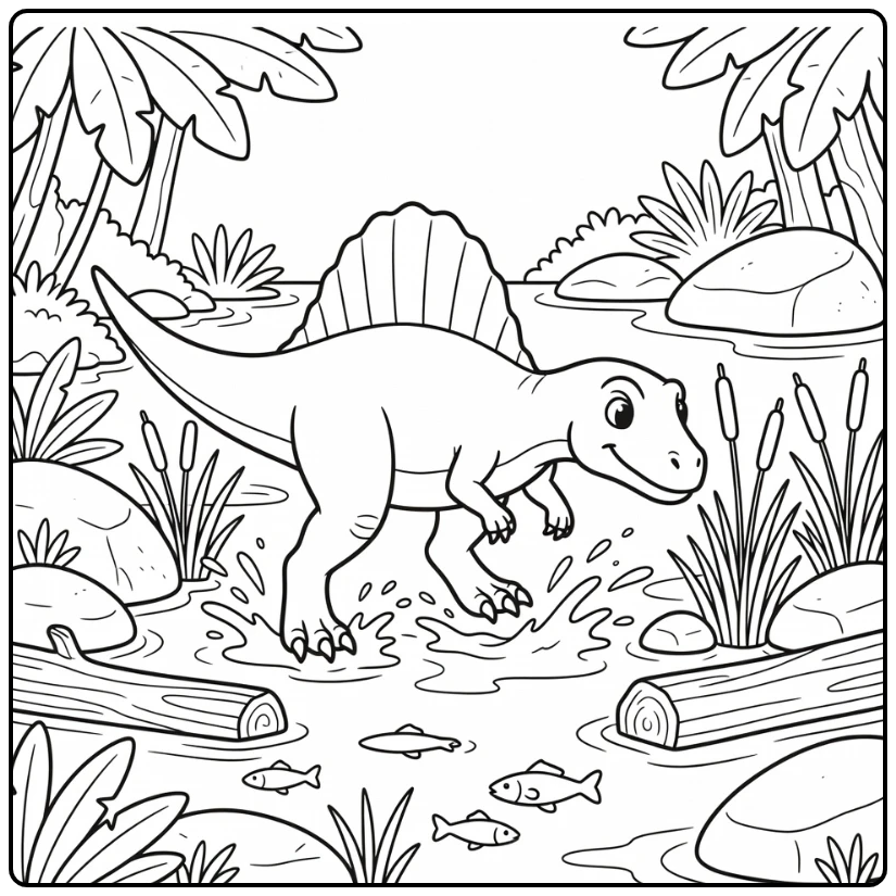 cool dinosaur coloring page with Spinosaurus in shallow river