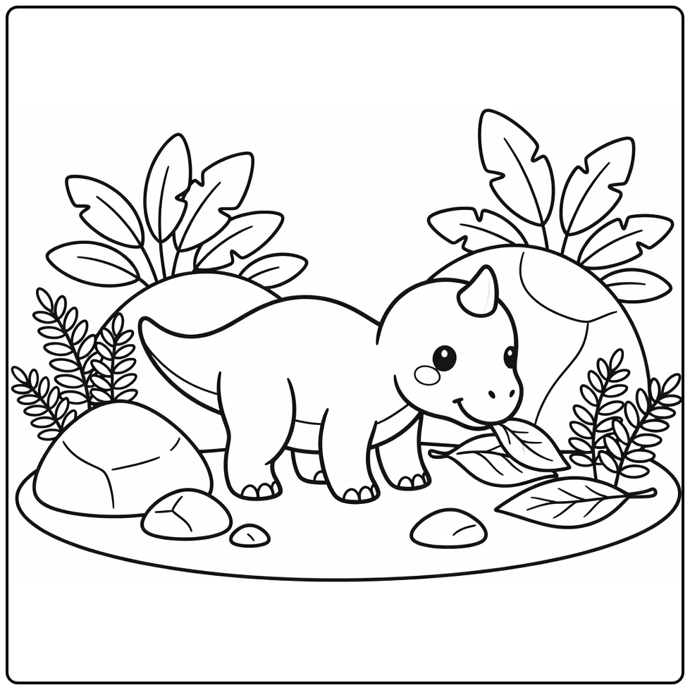 cute baby dinosaur coloring page of Ceratosaurus sniffing leaf