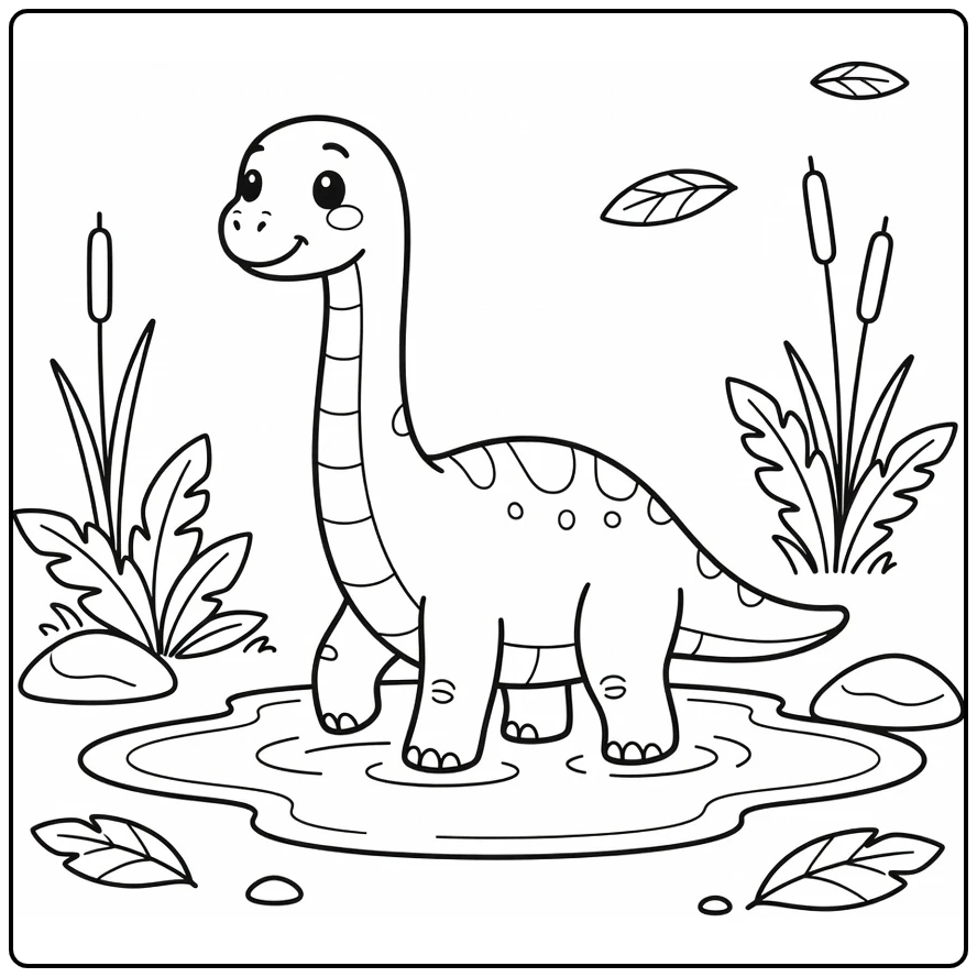 Cute brachiosaurus coloring page of dino in puddle with reeds
