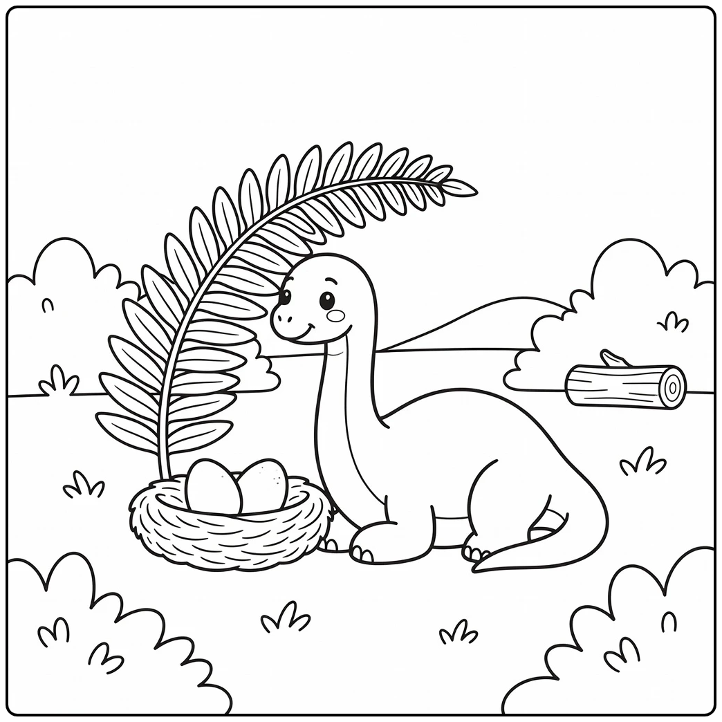 cute brachiosaurus coloring page with fern and nest