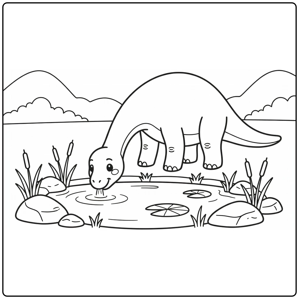 cute cartoon dinosaur coloring page with Diplodocus by pond