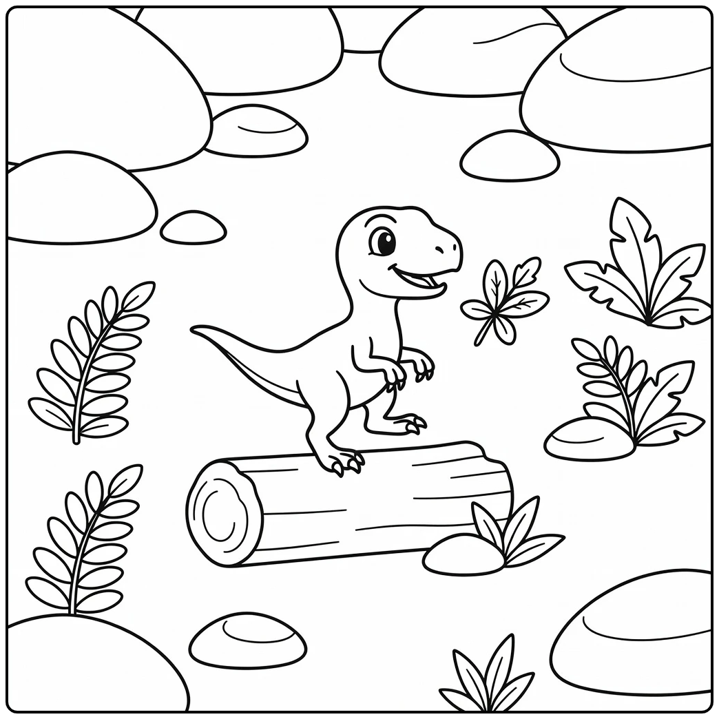 Cute cartoon dinosaur coloring page raptor on log with leaf
