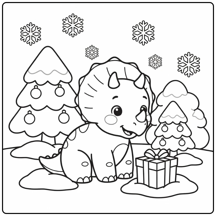 cute christmas dinosaur coloring page baby triceratops with gift