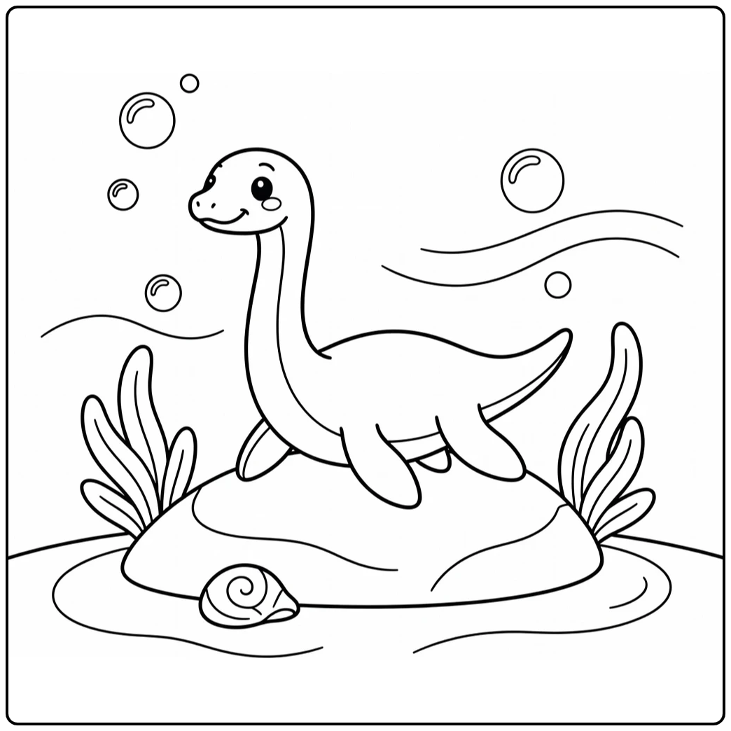 cute dinosaur coloring page of baby Elasmosaurus swimming in sea