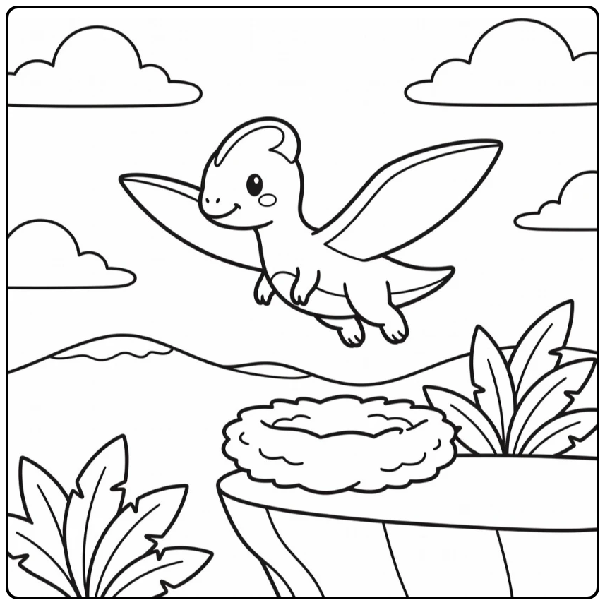 cute dinosaur coloring page baby Tapejara gliding over cliff