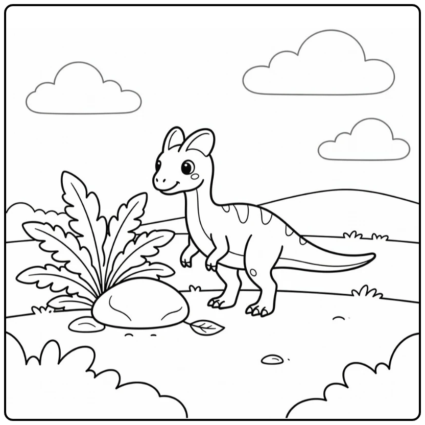 Cute dinosaur coloring page with baby Dilophosaurus by fern