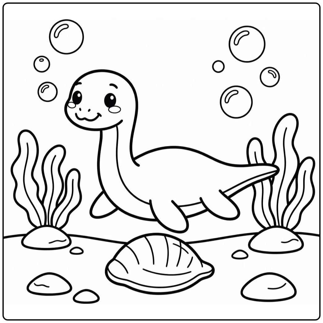Underwater Elasmosaurus cartoon dinosaur coloring page for kids