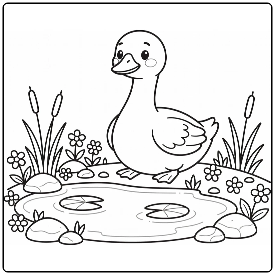 cute goose coloring page with pond lily pads and reeds