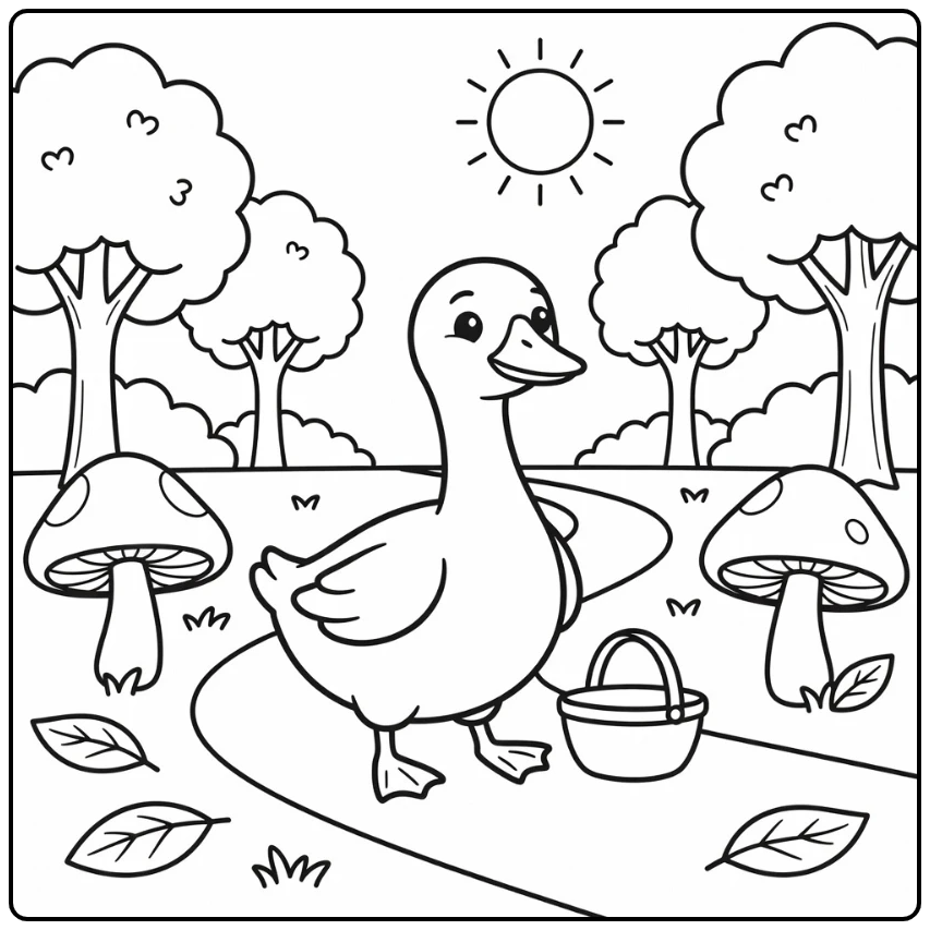 Cute goose coloring page with picnic basket in park