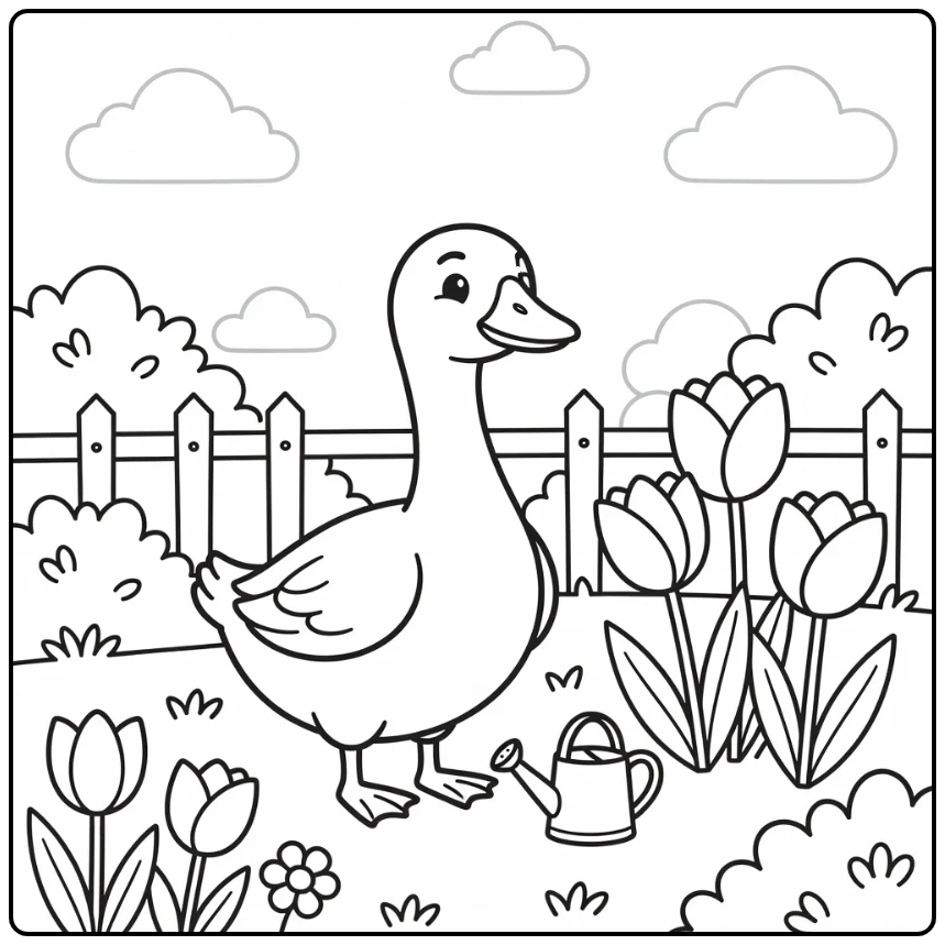 cute goose coloring page with garden tulips and watering can