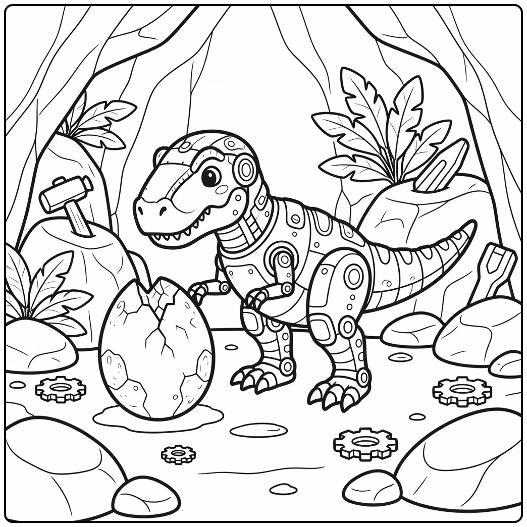 Fun robot t rex coloring page with egg pod inspection
