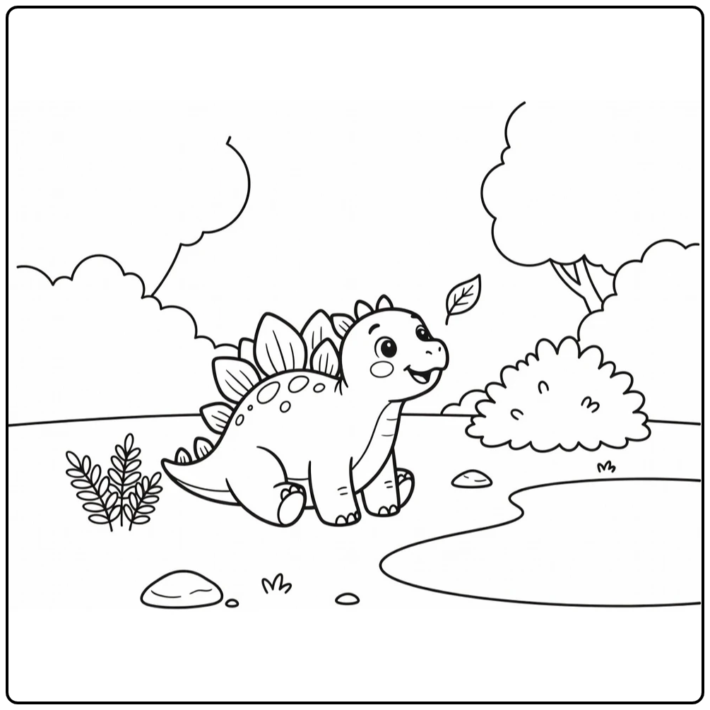 Cute stegosaurus coloring page with fern and floating leaf